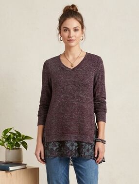 LOGO by Lori Goldstein Brushed Melange Sweater Top with Lace Hem (Purple)